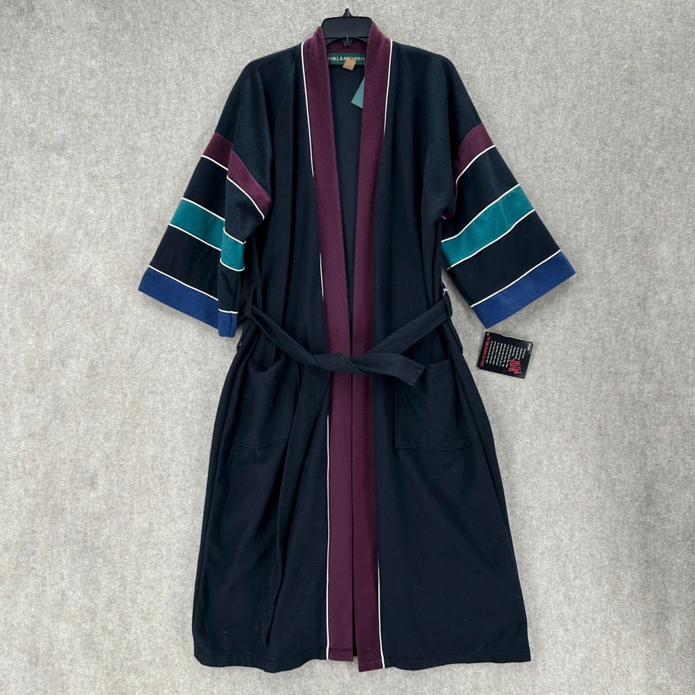 Hill & Archer Black One Size Fits All Fleece Smoking Robe Kimono Striped‎